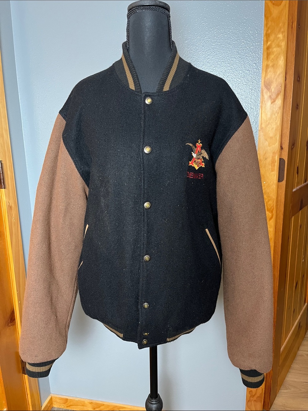 Black and Brown Wool Varsity Bomber Jacket with Embroidered Crest